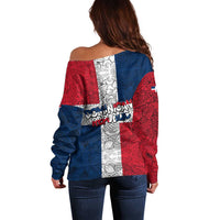 Dominican Republic Flag Off Shoulder Sweater Red White and Blue Pattern with National Emblem and Tribal Design - Wonder Print Shop