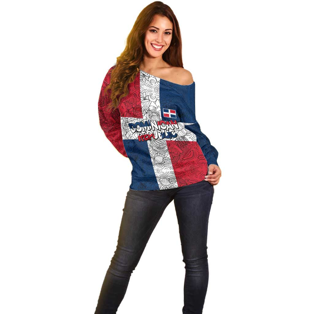 Dominican Republic Flag Off Shoulder Sweater Red White and Blue Pattern with National Emblem and Tribal Design - Wonder Print Shop