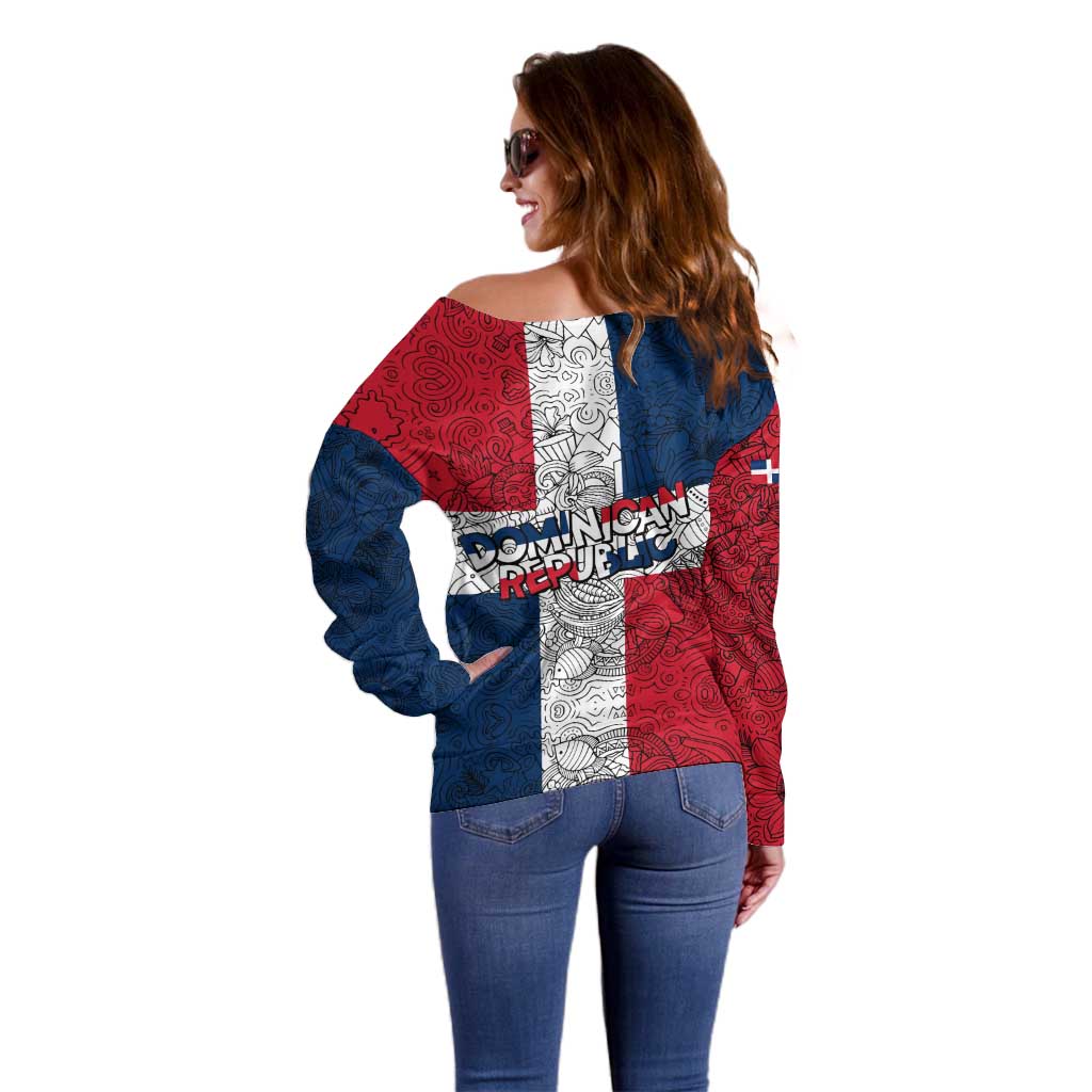 Dominican Republic Flag Off Shoulder Sweater Red White and Blue Pattern with National Emblem and Tribal Design - Wonder Print Shop