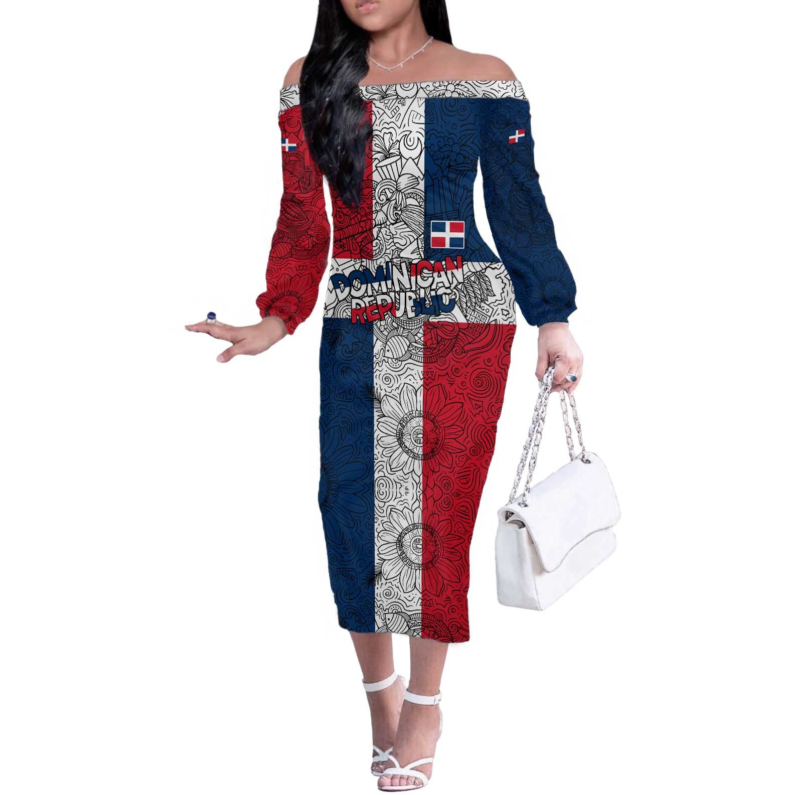 Dominican Republic Flag Off The Shoulder Long Sleeve Dress Red White and Blue Pattern with National Emblem and Tribal Design - Wonder Print Shop
