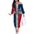 Dominican Republic Flag Off The Shoulder Long Sleeve Dress Red White and Blue Pattern with National Emblem and Tribal Design - Wonder Print Shop