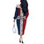 Dominican Republic Flag Off The Shoulder Long Sleeve Dress Red White and Blue Pattern with National Emblem and Tribal Design - Wonder Print Shop