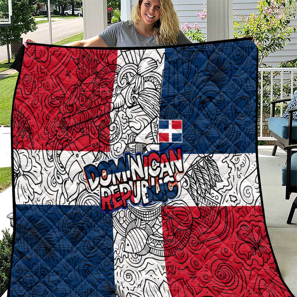 Dominican Republic Flag Quilt Red White and Blue Pattern with National Emblem and Tribal Design - Wonder Print Shop