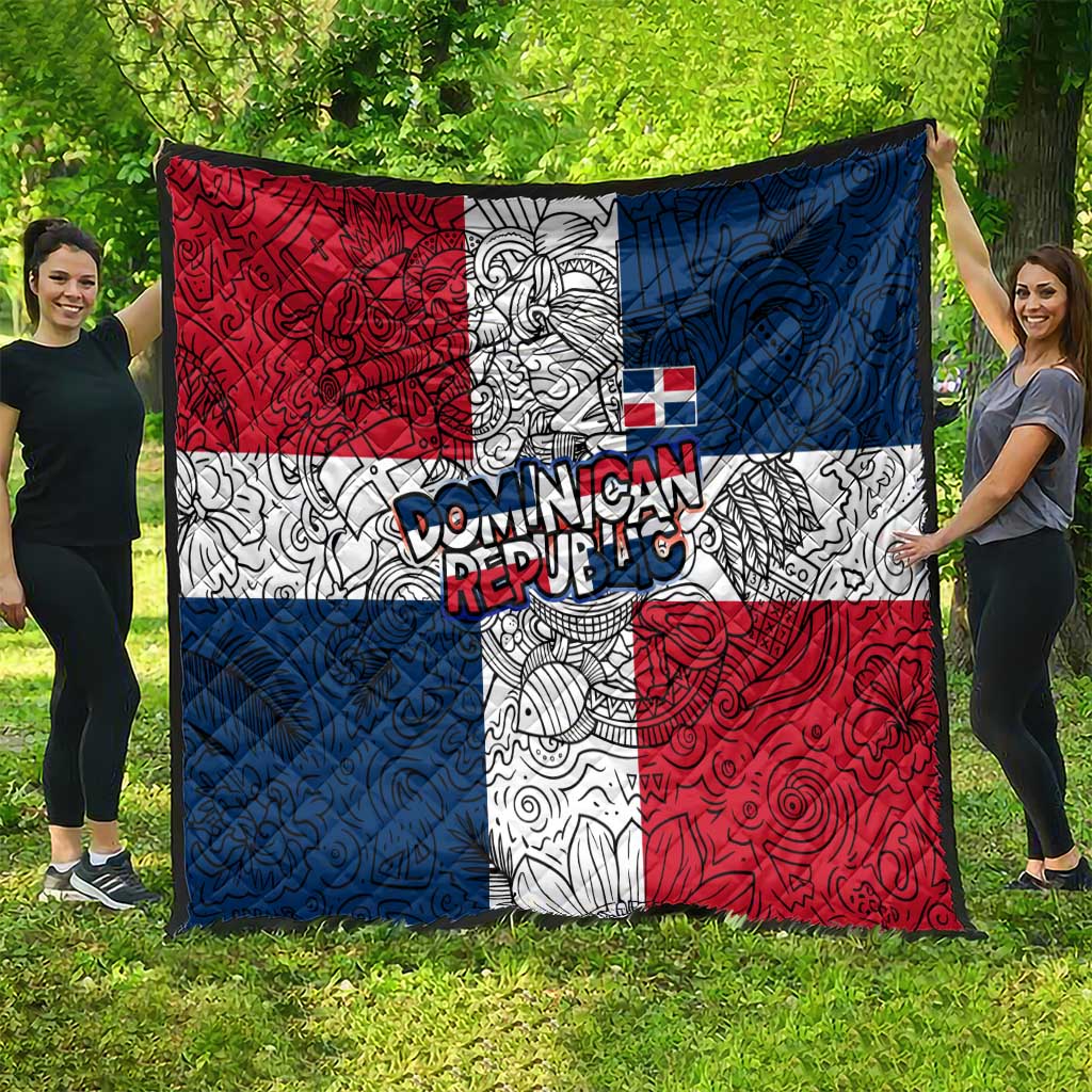 Dominican Republic Flag Quilt Red White and Blue Pattern with National Emblem and Tribal Design - Wonder Print Shop