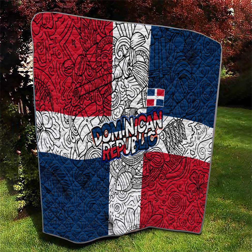 Dominican Republic Flag Quilt Red White and Blue Pattern with National Emblem and Tribal Design - Wonder Print Shop