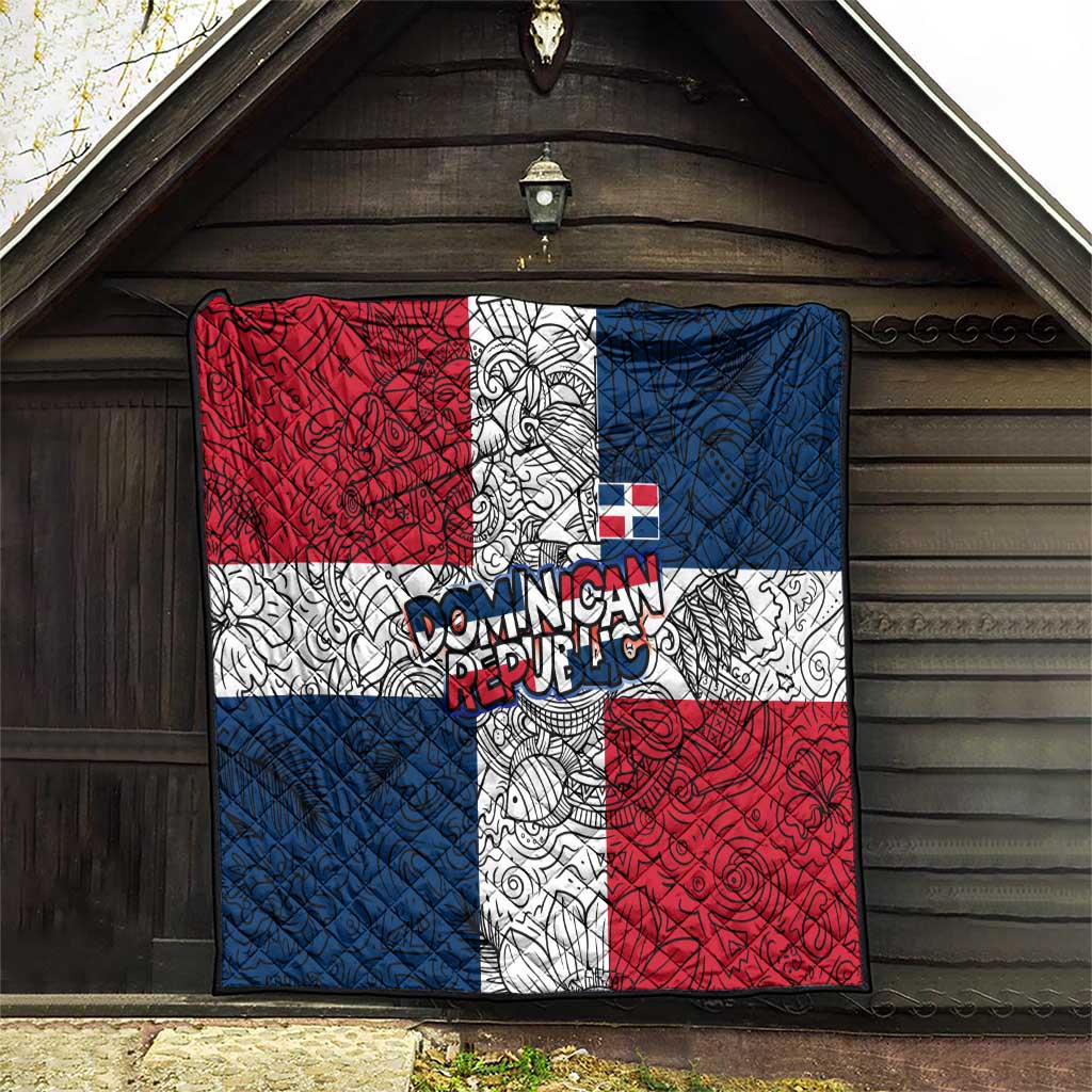 Dominican Republic Flag Quilt Red White and Blue Pattern with National Emblem and Tribal Design - Wonder Print Shop