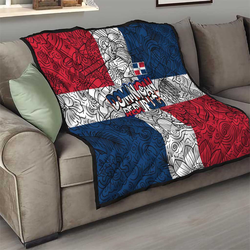 Dominican Republic Flag Quilt Red White and Blue Pattern with National Emblem and Tribal Design - Wonder Print Shop