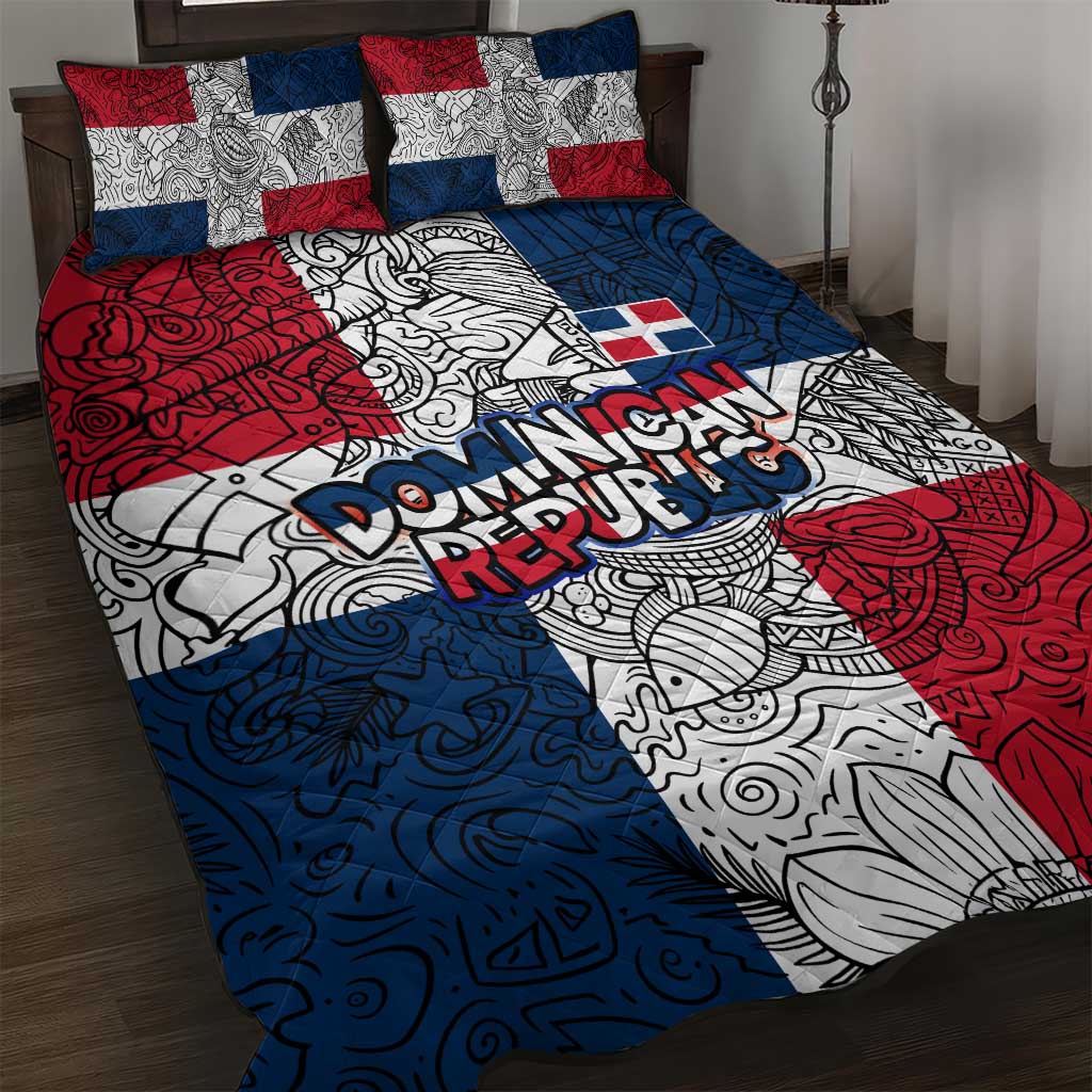 Dominican Republic Flag Quilt Bed Set Red White and Blue Pattern with National Emblem and Tribal Design - Wonder Print Shop