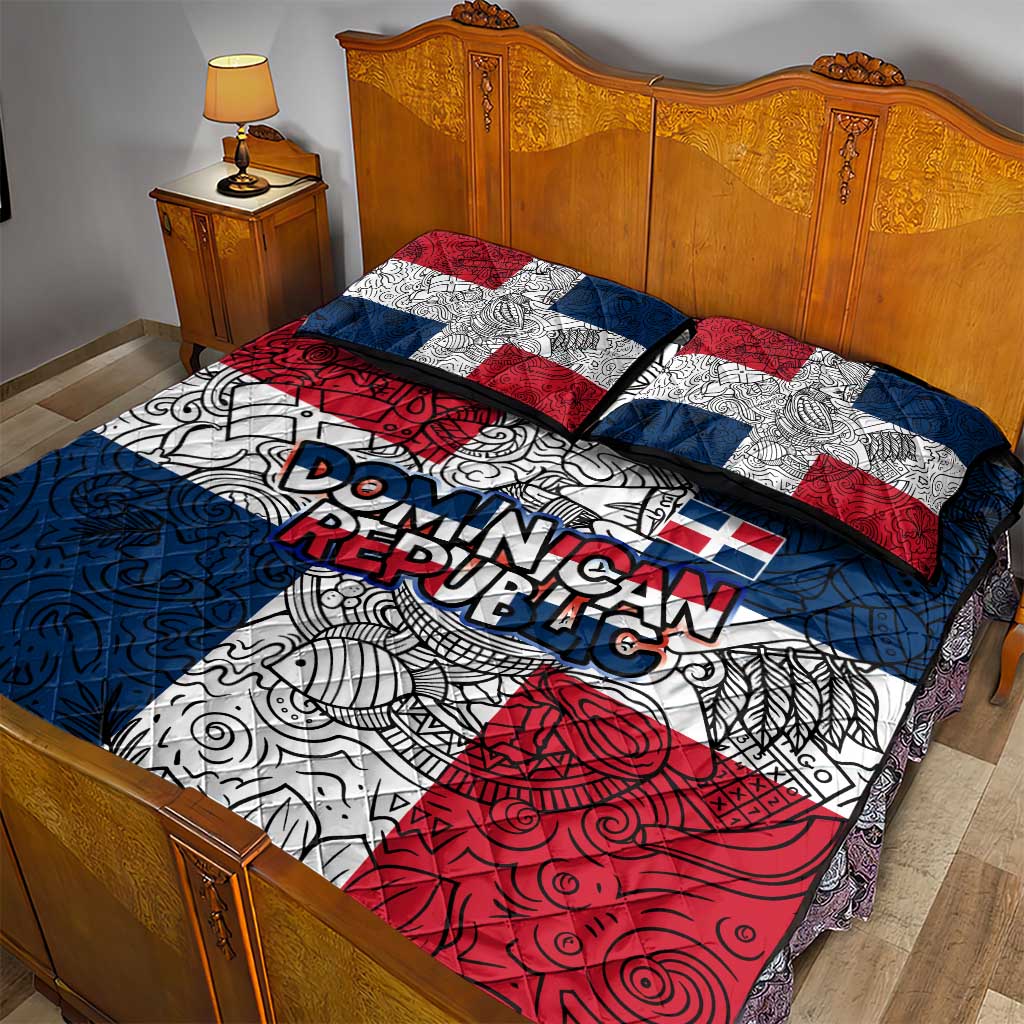 Dominican Republic Flag Quilt Bed Set Red White and Blue Pattern with National Emblem and Tribal Design - Wonder Print Shop