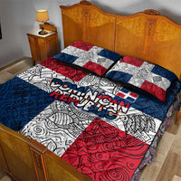 Dominican Republic Flag Quilt Bed Set Red White and Blue Pattern with National Emblem and Tribal Design - Wonder Print Shop
