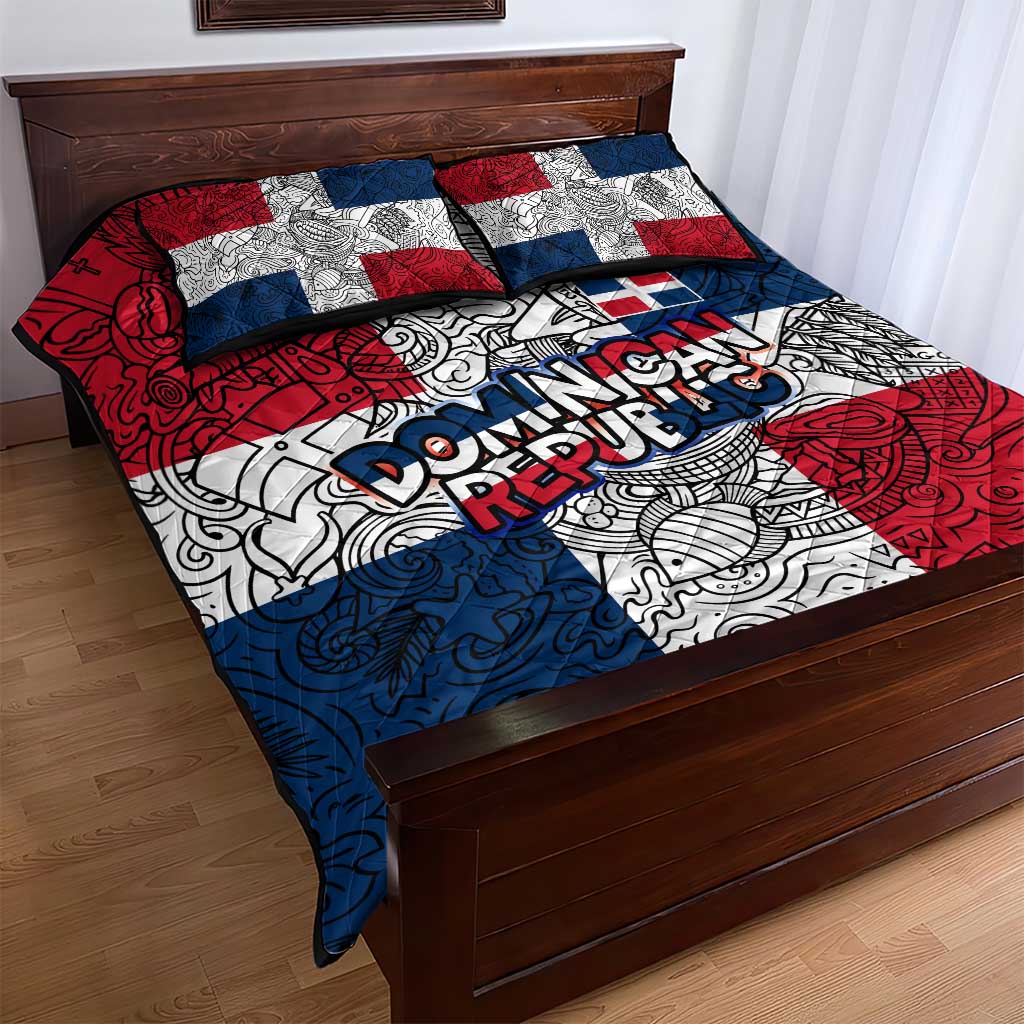Dominican Republic Flag Quilt Bed Set Red White and Blue Pattern with National Emblem and Tribal Design - Wonder Print Shop