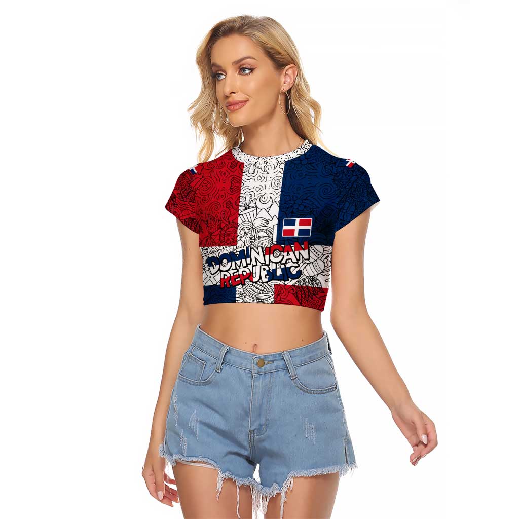 Dominican Republic Flag Raglan Cropped T Shirt Red White and Blue Pattern with National Emblem and Tribal Design - Wonder Print Shop