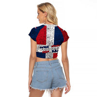 Dominican Republic Flag Raglan Cropped T Shirt Red White and Blue Pattern with National Emblem and Tribal Design - Wonder Print Shop