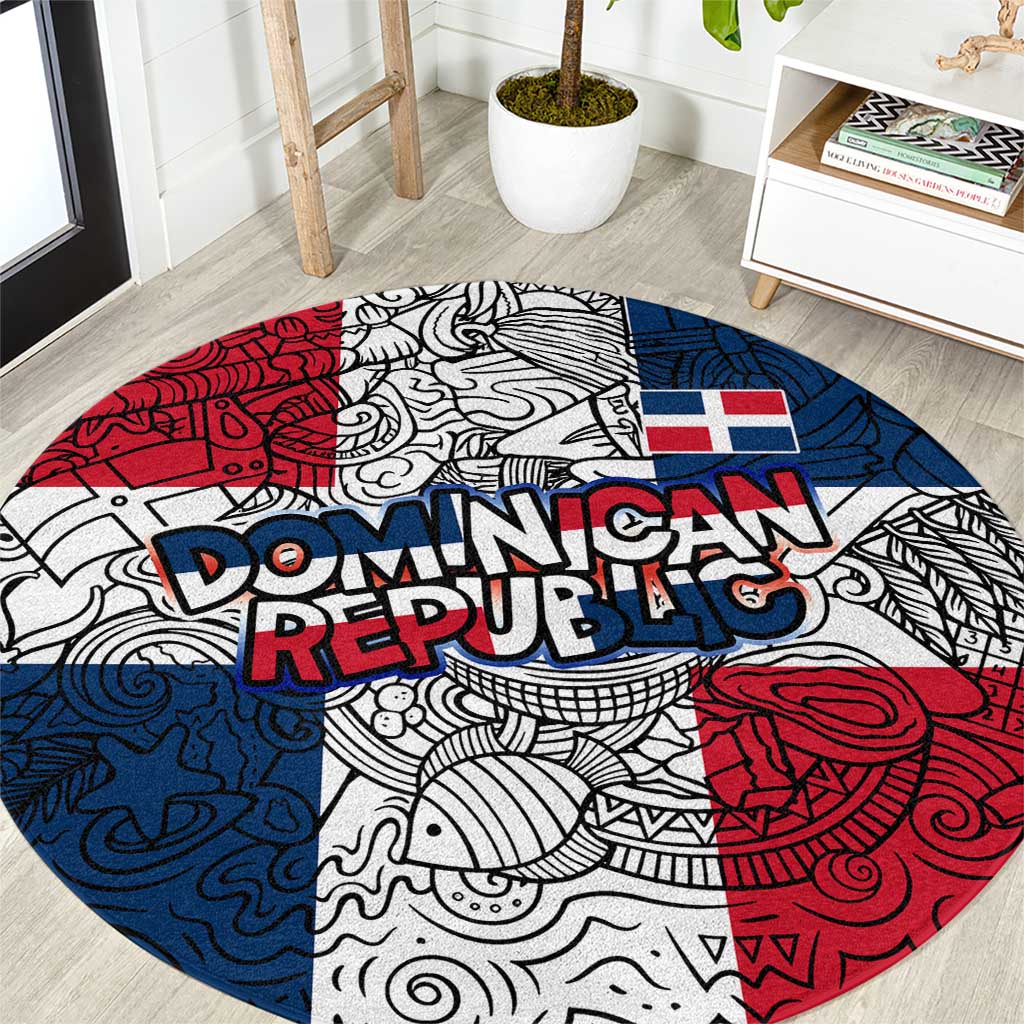 Dominican Republic Flag Round Carpet Red White and Blue Pattern with National Emblem and Tribal Design - Wonder Print Shop