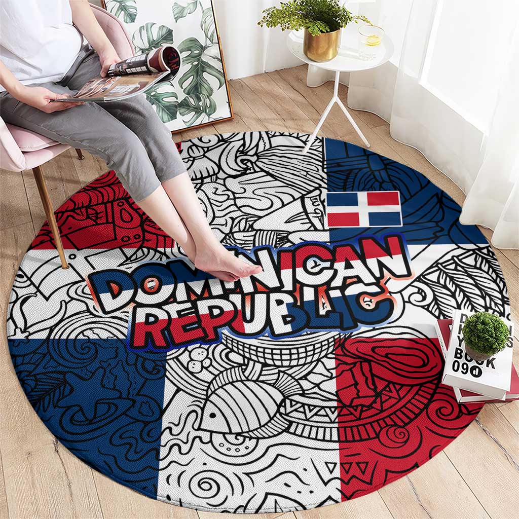 Dominican Republic Flag Round Carpet Red White and Blue Pattern with National Emblem and Tribal Design - Wonder Print Shop