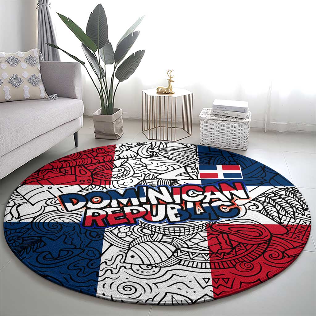 Dominican Republic Flag Round Carpet Red White and Blue Pattern with National Emblem and Tribal Design - Wonder Print Shop