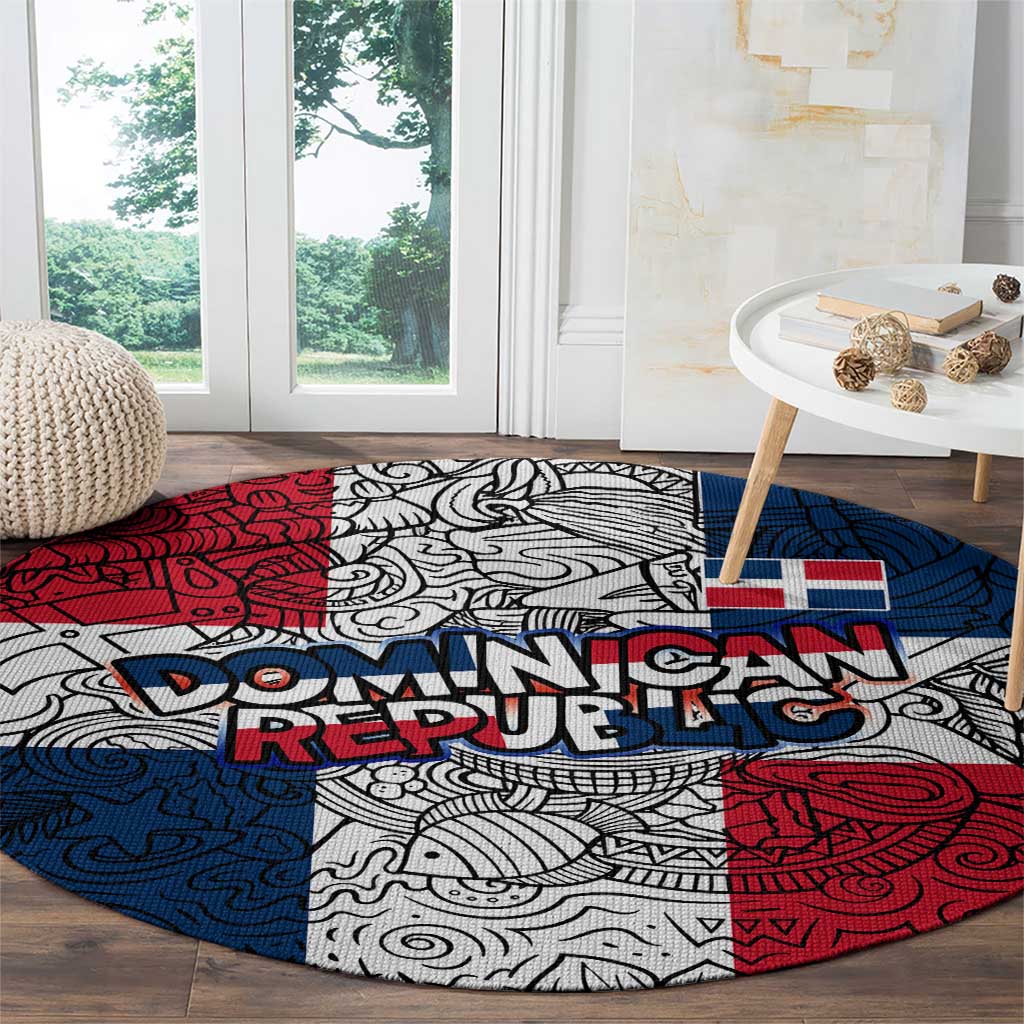 Dominican Republic Flag Round Carpet Red White and Blue Pattern with National Emblem and Tribal Design - Wonder Print Shop
