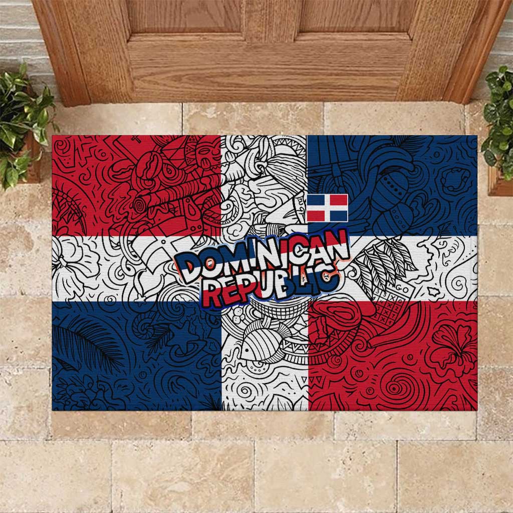 Dominican Republic Flag Rubber Doormat Red White and Blue Pattern with National Emblem and Tribal Design - Wonder Print Shop