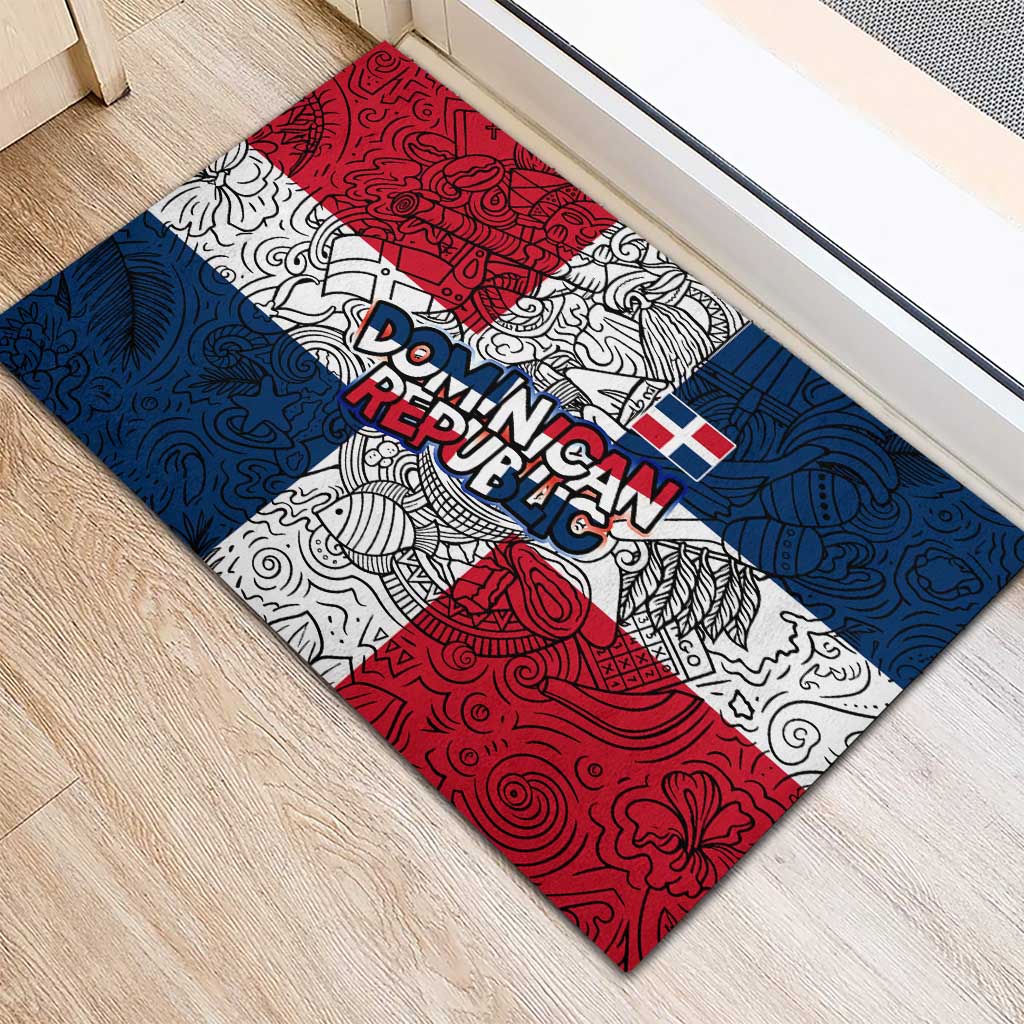 Dominican Republic Flag Rubber Doormat Red White and Blue Pattern with National Emblem and Tribal Design - Wonder Print Shop