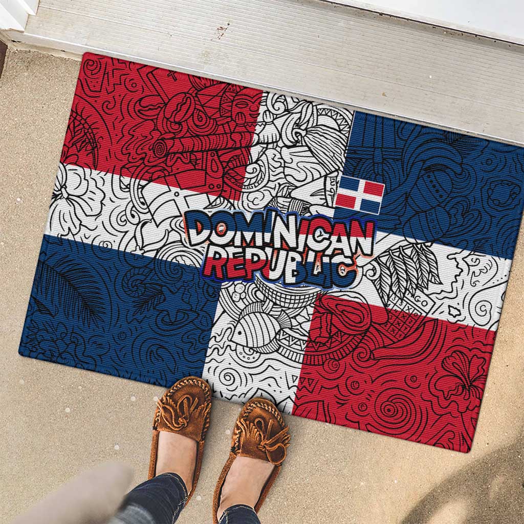 Dominican Republic Flag Rubber Doormat Red White and Blue Pattern with National Emblem and Tribal Design - Wonder Print Shop
