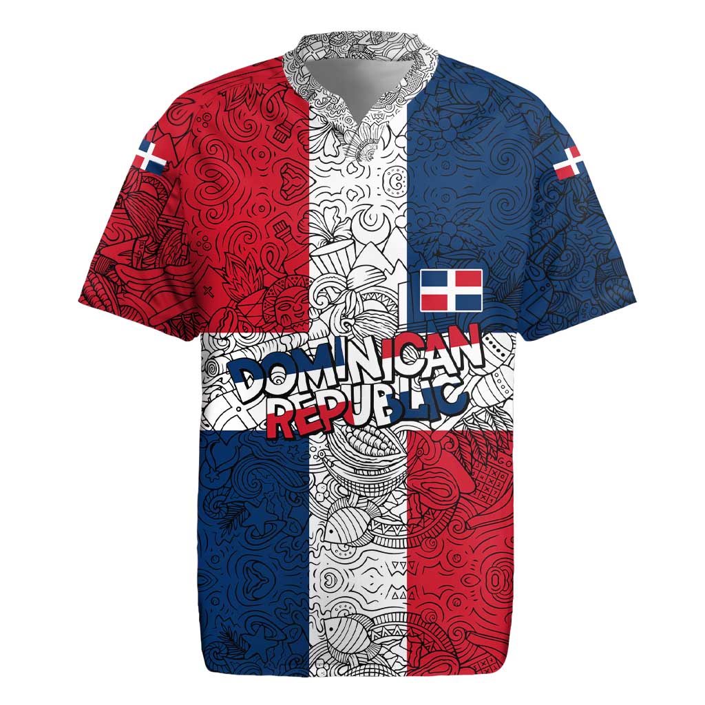 Dominican Republic Flag Rugby Jersey Red White and Blue Pattern with National Emblem and Tribal Design - Wonder Print Shop