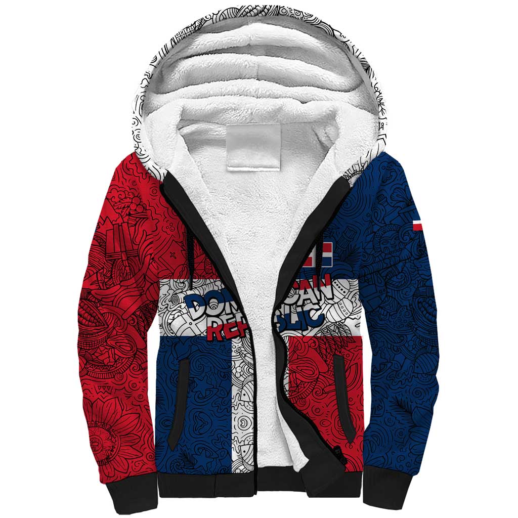 Dominican Republic Flag Sherpa Hoodie Red White and Blue Pattern with National Emblem and Tribal Design - Wonder Print Shop