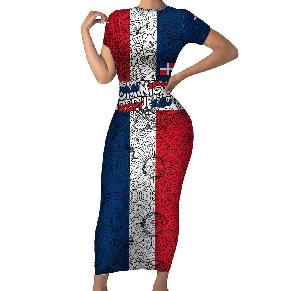 Dominican Republic Flag Short Sleeve Bodycon Dress Red White and Blue Pattern with National Emblem and Tribal Design - Wonder Print Shop