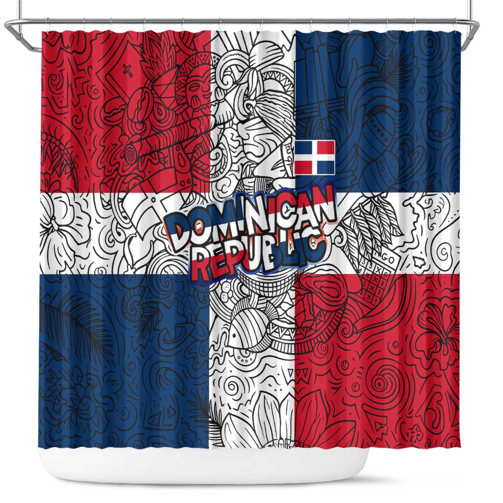 Dominican Republic Flag Shower Curtain Red White and Blue Pattern with National Emblem and Tribal Design - Wonder Print Shop