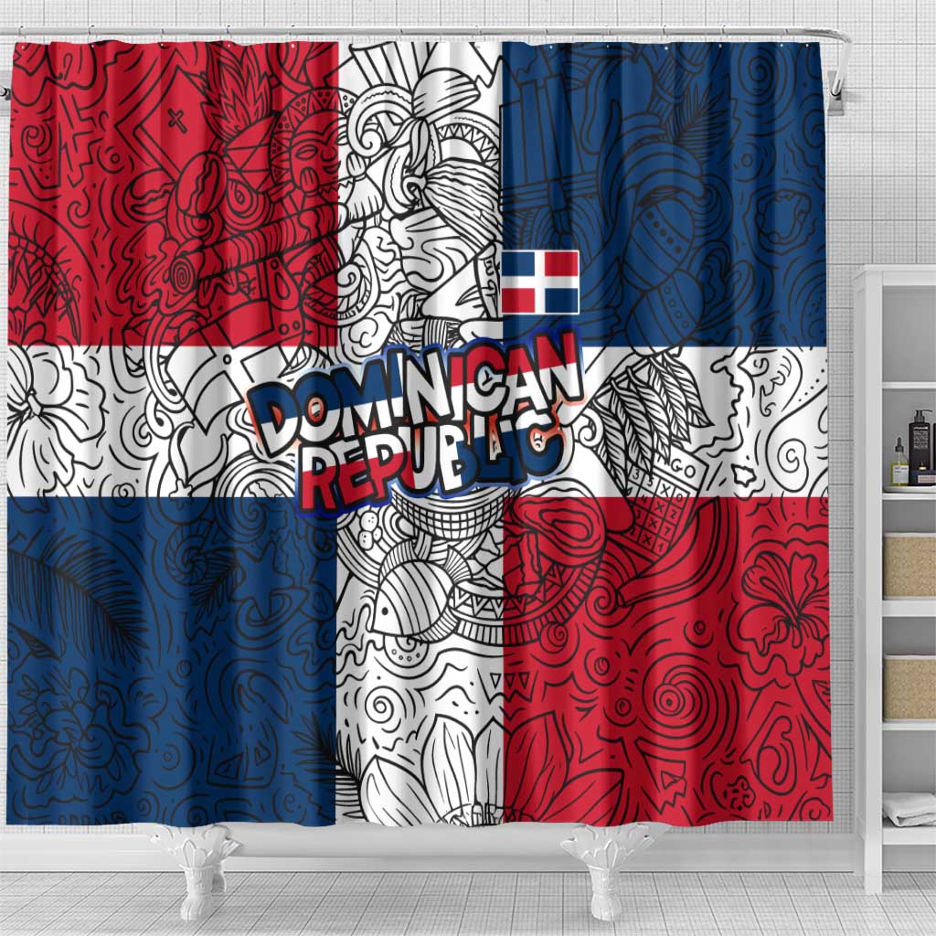 Dominican Republic Flag Shower Curtain Red White and Blue Pattern with National Emblem and Tribal Design - Wonder Print Shop