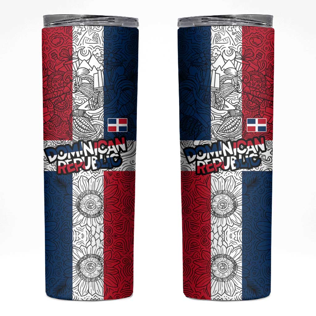 Dominican Republic Flag Skinny Tumbler Red White and Blue Pattern with National Emblem and Tribal Design - Wonder Print Shop