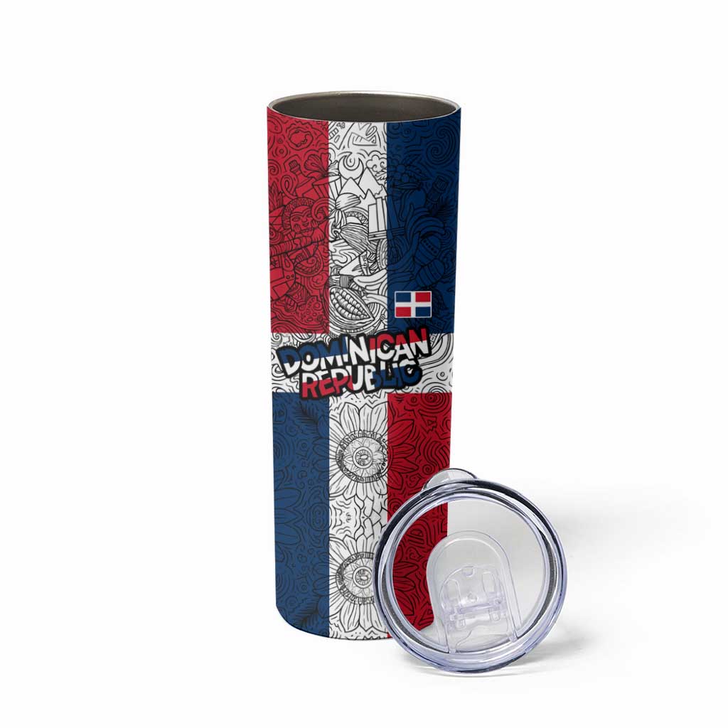 Dominican Republic Flag Skinny Tumbler Red White and Blue Pattern with National Emblem and Tribal Design - Wonder Print Shop