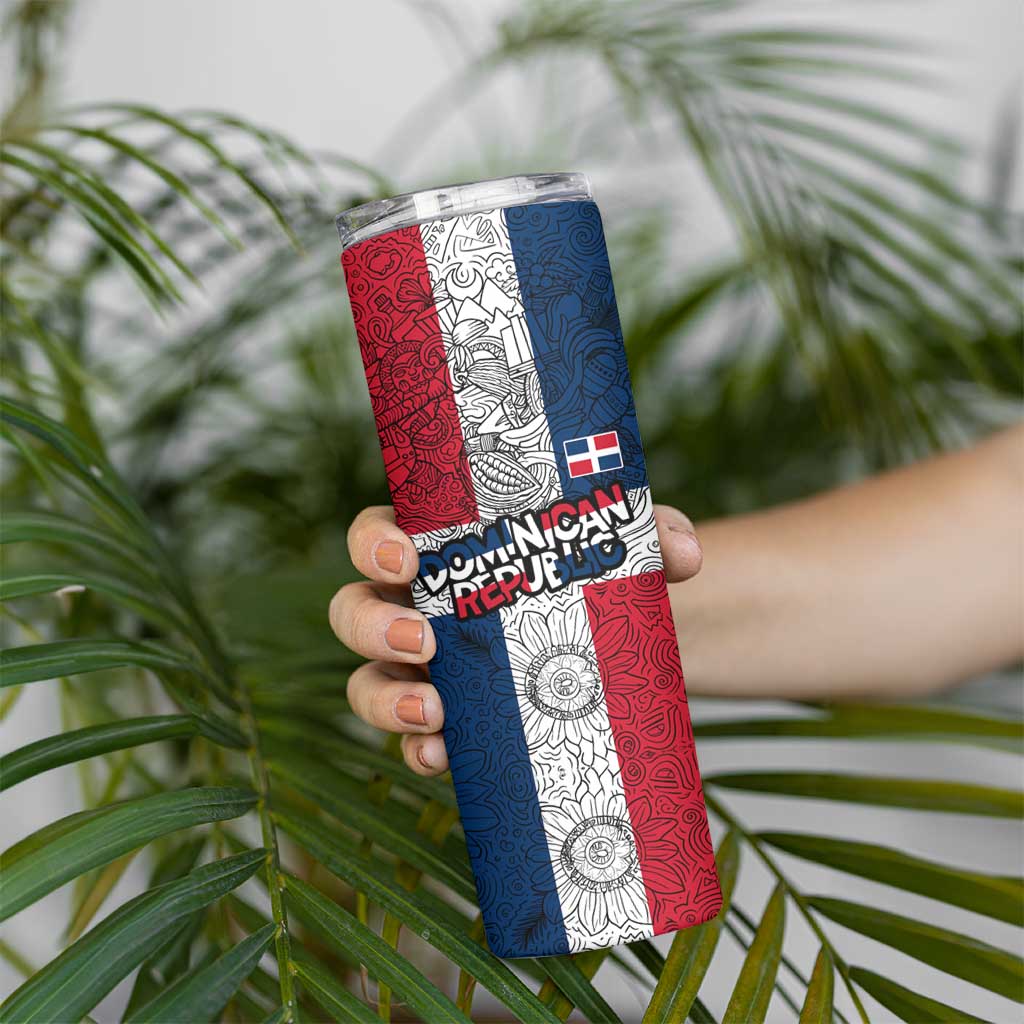 Dominican Republic Flag Skinny Tumbler Red White and Blue Pattern with National Emblem and Tribal Design - Wonder Print Shop