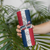 Dominican Republic Flag Skinny Tumbler Red White and Blue Pattern with National Emblem and Tribal Design - Wonder Print Shop