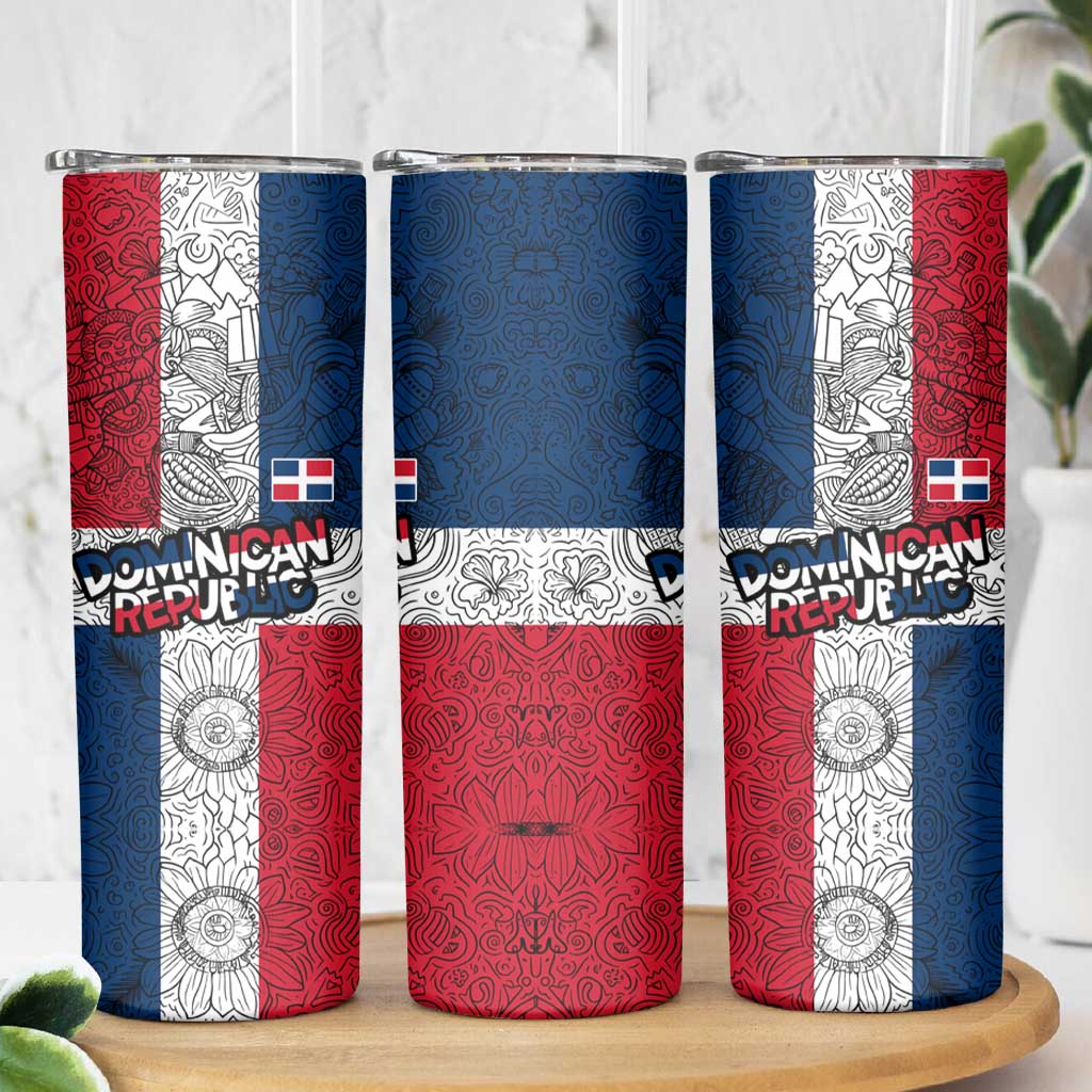 Dominican Republic Flag Skinny Tumbler Red White and Blue Pattern with National Emblem and Tribal Design - Wonder Print Shop