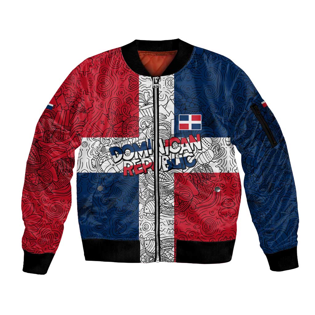 Dominican Republic Flag Sleeve Zip Bomber Jacket Red White and Blue Pattern with National Emblem and Tribal Design - Wonder Print Shop