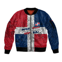Dominican Republic Flag Sleeve Zip Bomber Jacket Red White and Blue Pattern with National Emblem and Tribal Design - Wonder Print Shop