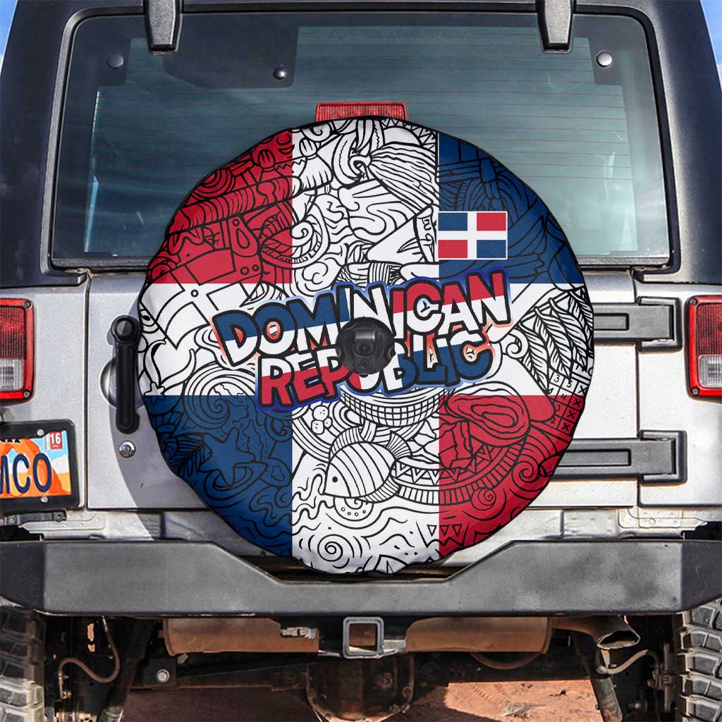 Dominican Republic Flag Spare Tire Cover Red White and Blue Pattern with National Emblem and Tribal Design - Wonder Print Shop