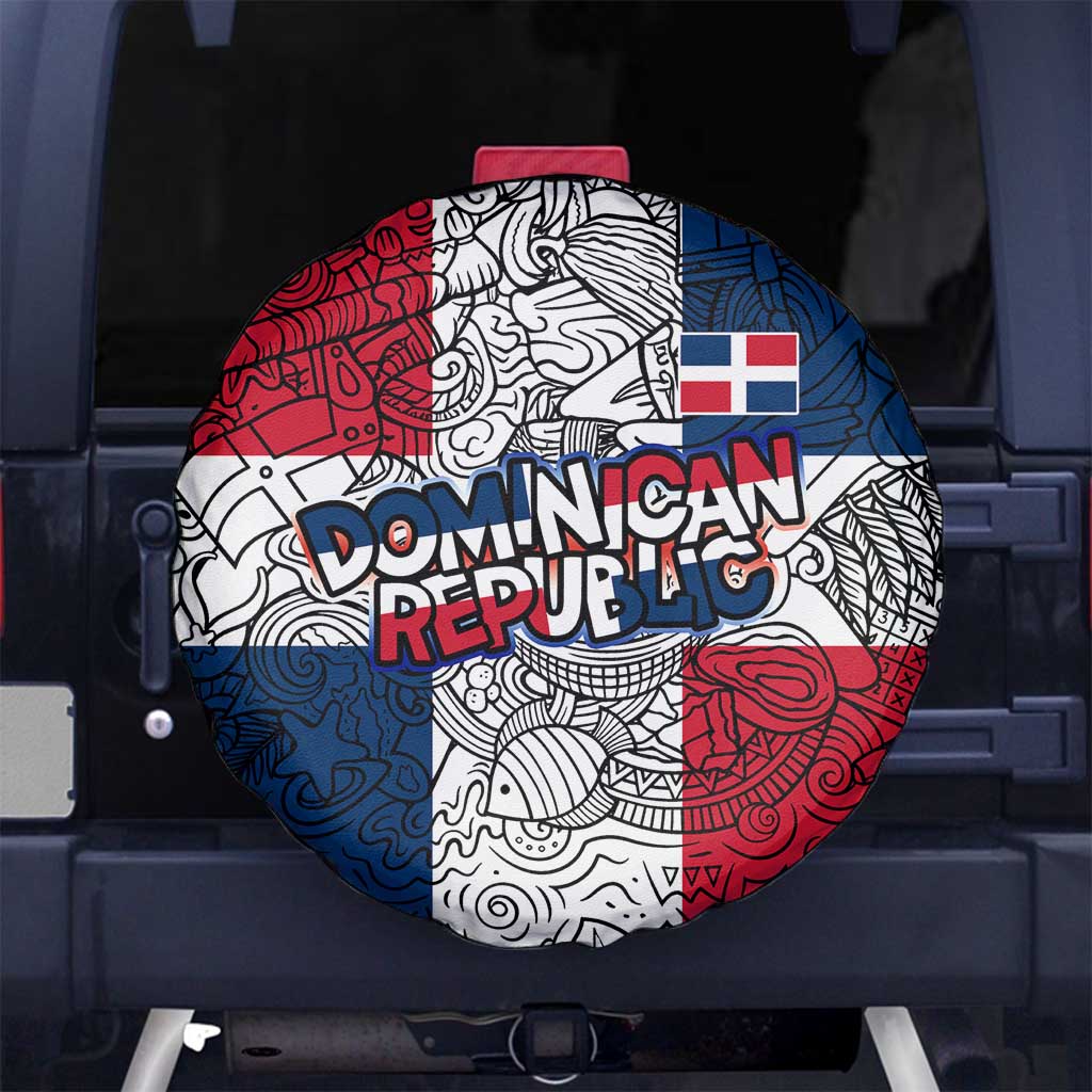 Dominican Republic Flag Spare Tire Cover Red White and Blue Pattern with National Emblem and Tribal Design - Wonder Print Shop