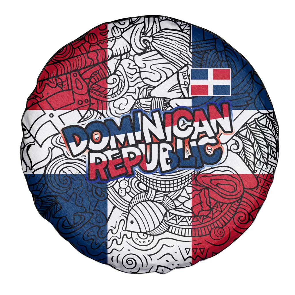 Dominican Republic Flag Spare Tire Cover Red White and Blue Pattern with National Emblem and Tribal Design - Wonder Print Shop