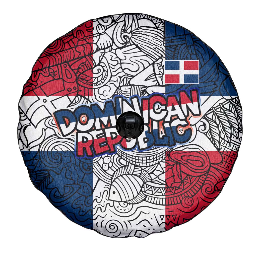 Dominican Republic Flag Spare Tire Cover Red White and Blue Pattern with National Emblem and Tribal Design - Wonder Print Shop