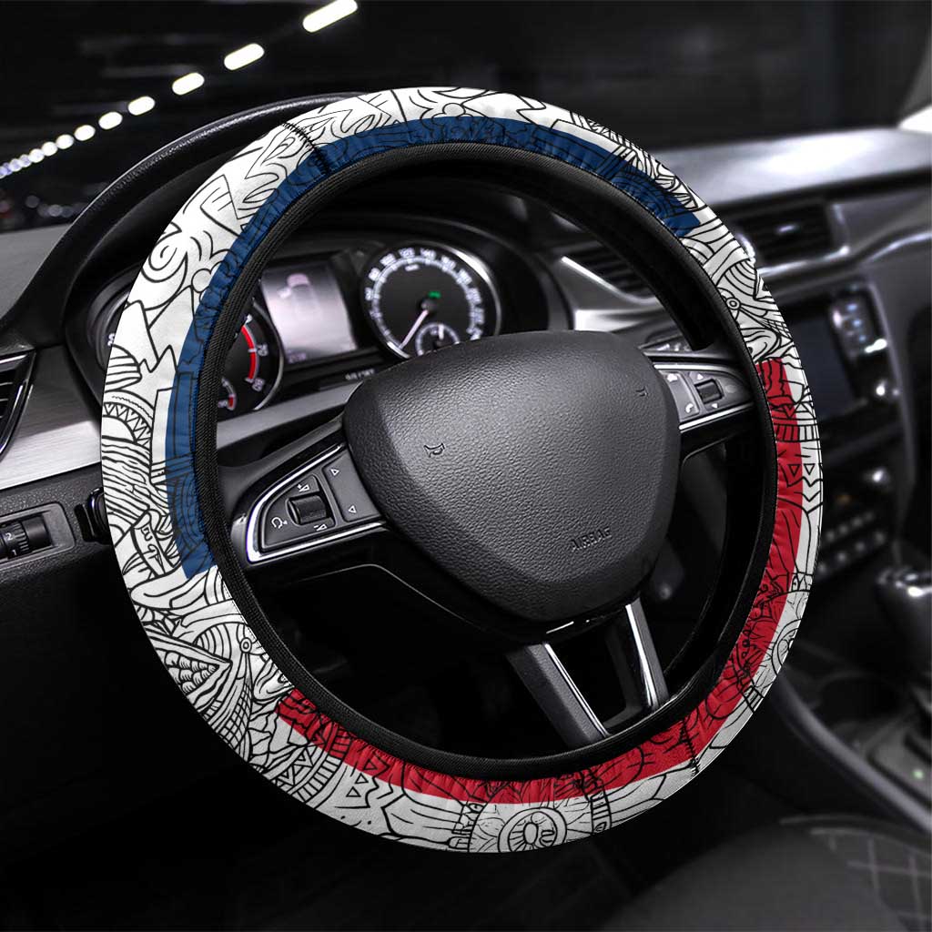 Dominican Republic Flag Steering Wheel Cover Red White and Blue Pattern with National Emblem and Tribal Design - Wonder Print Shop