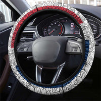 Dominican Republic Flag Steering Wheel Cover Red White and Blue Pattern with National Emblem and Tribal Design - Wonder Print Shop