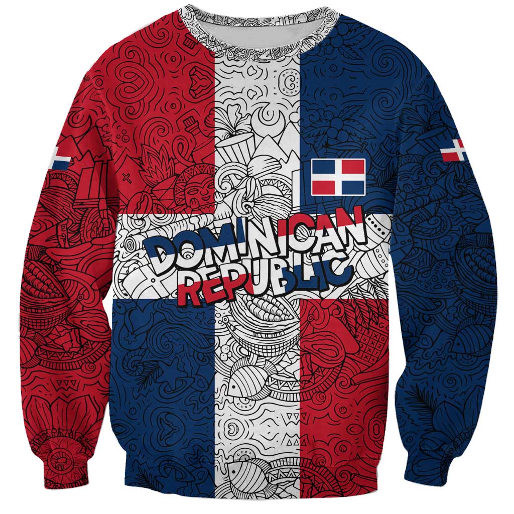 Dominican Republic Flag Sweatshirt Red White and Blue Pattern with National Emblem and Tribal Design - Wonder Print Shop