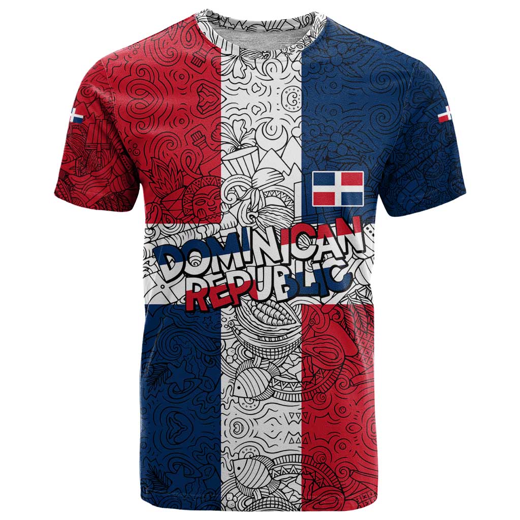 Dominican Republic Flag T Shirt Red White and Blue Pattern with National Emblem and Tribal Design - Wonder Print Shop