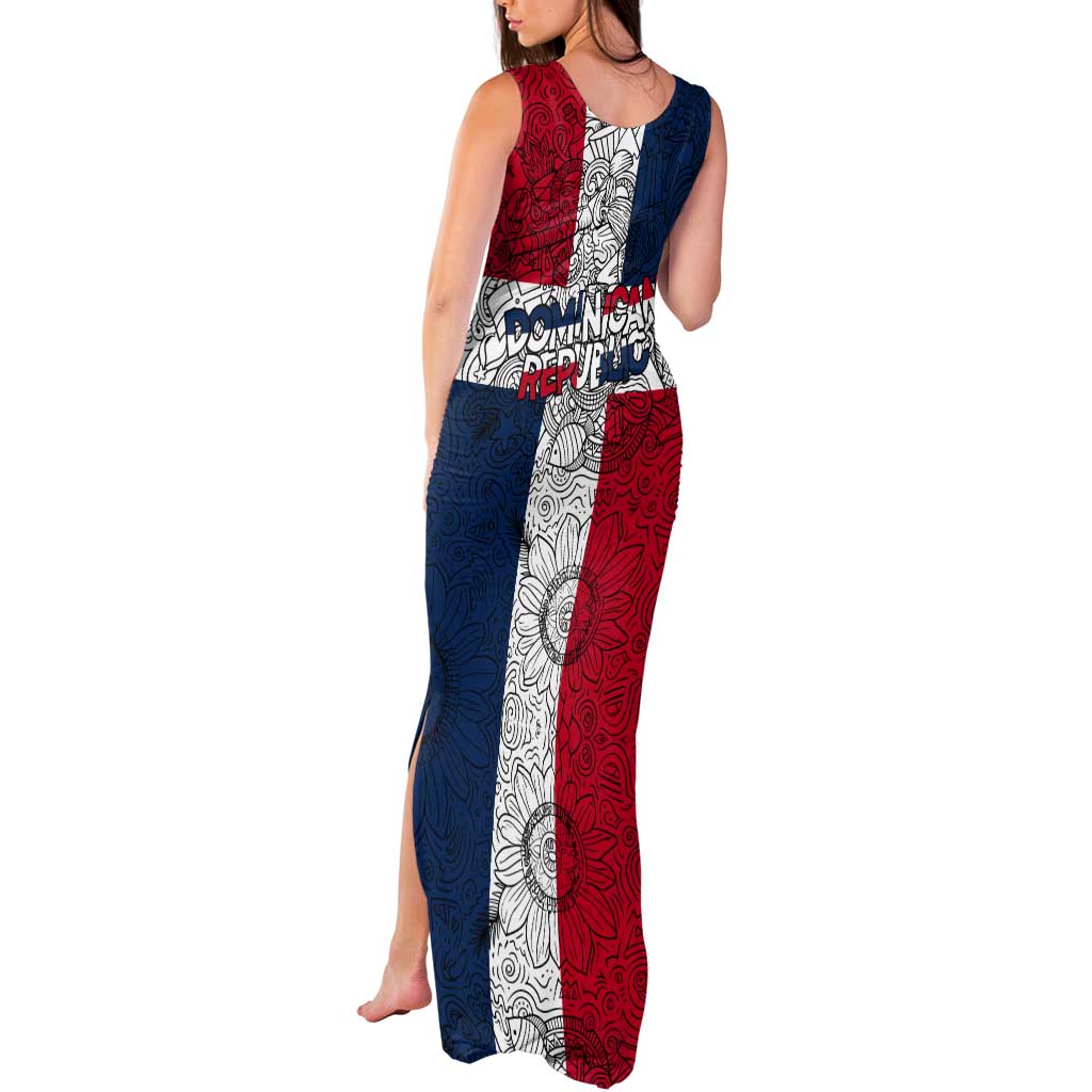 Dominican Republic Flag Tank Maxi Dress Red White and Blue Pattern with National Emblem and Tribal Design - Wonder Print Shop