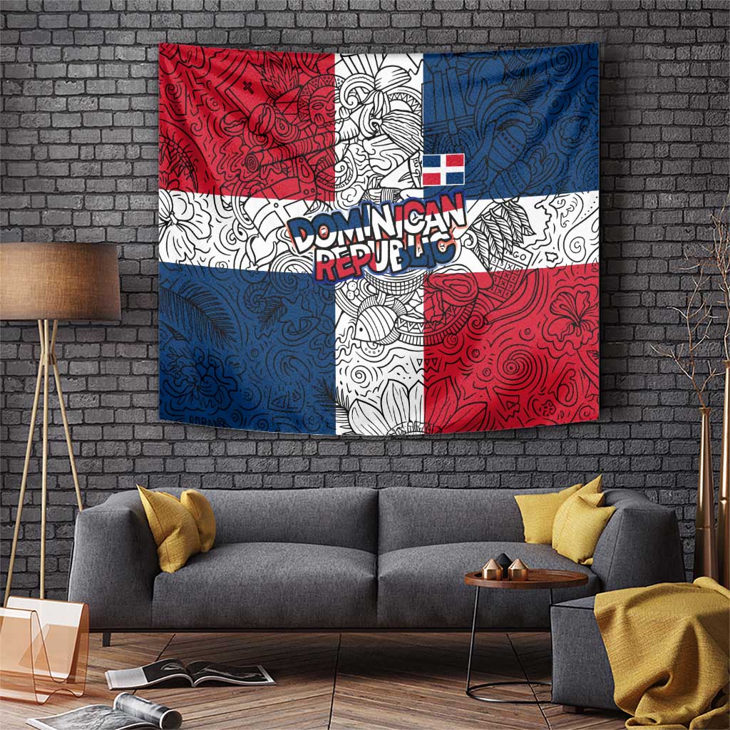 Dominican Republic Flag Tapestry Red White and Blue Pattern with National Emblem and Tribal Design - Wonder Print Shop