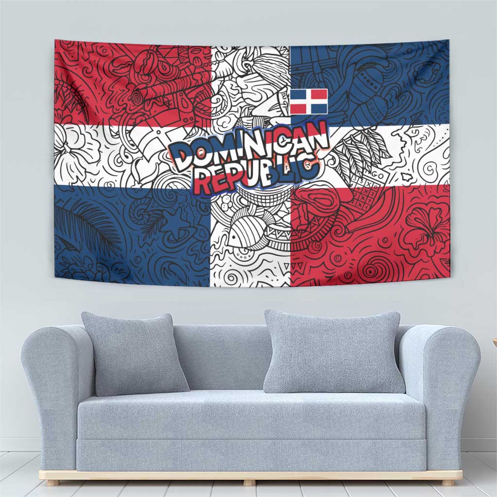 Dominican Republic Flag Tapestry Red White and Blue Pattern with National Emblem and Tribal Design - Wonder Print Shop