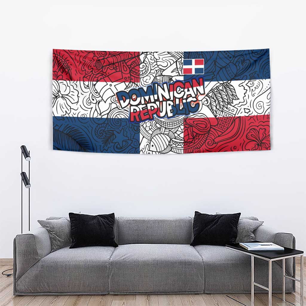 Dominican Republic Flag Tapestry Red White and Blue Pattern with National Emblem and Tribal Design - Wonder Print Shop
