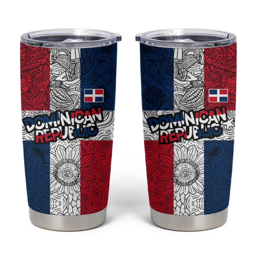 Dominican Republic Flag Tumbler Cup Red White and Blue Pattern with National Emblem and Tribal Design - Wonder Print Shop