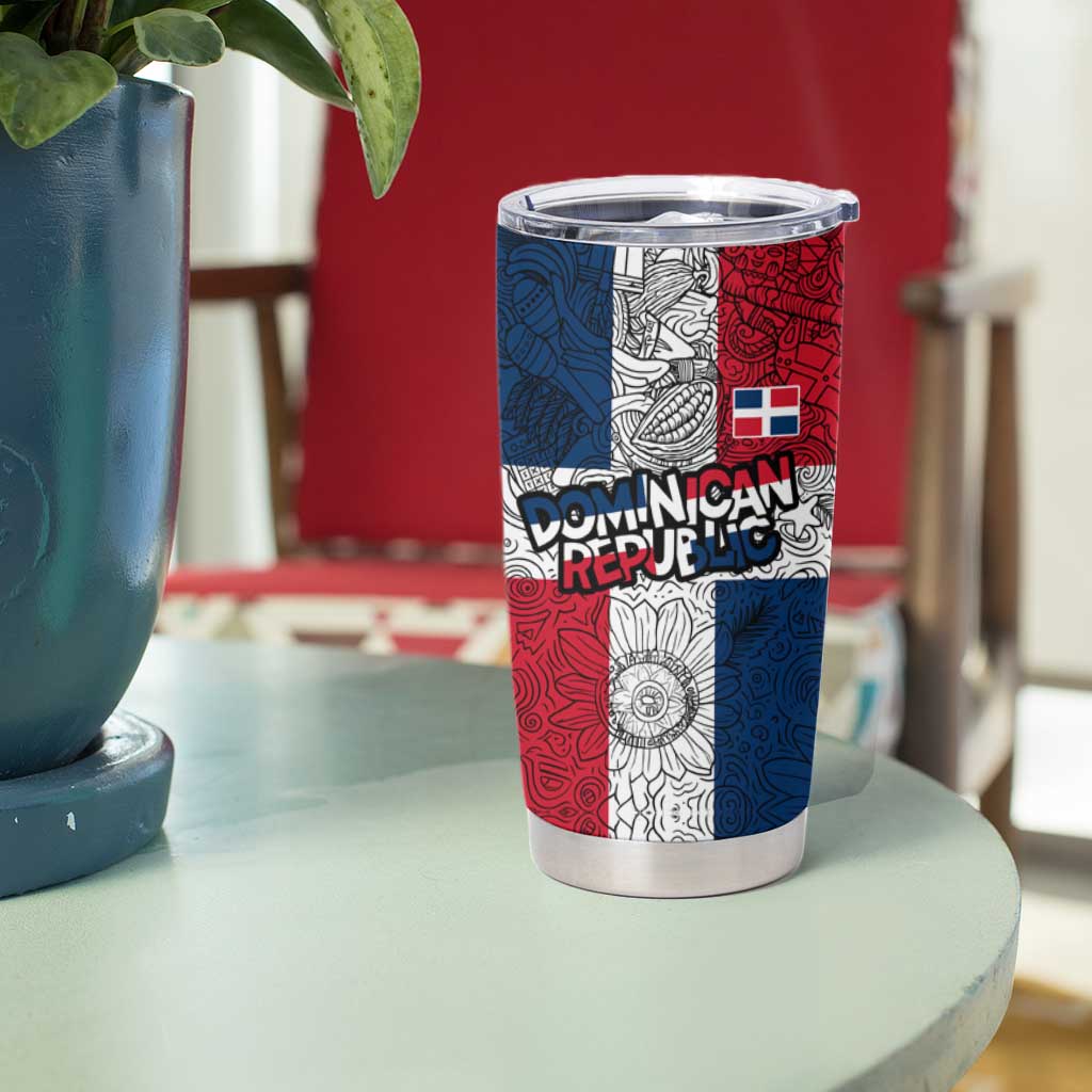 Dominican Republic Flag Tumbler Cup Red White and Blue Pattern with National Emblem and Tribal Design - Wonder Print Shop
